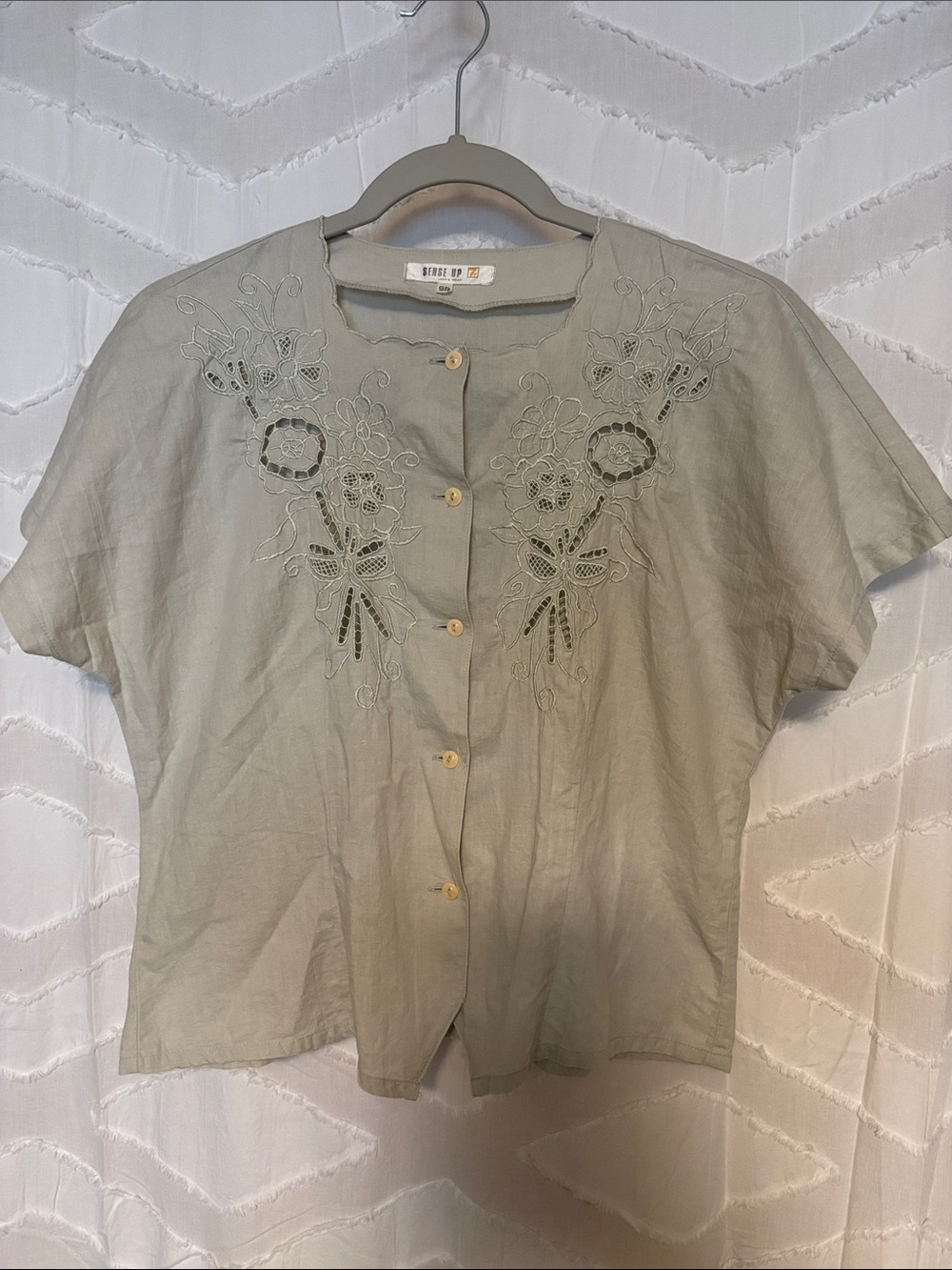 Embroidered Short-Sleeve Button Front Top - Sage Green